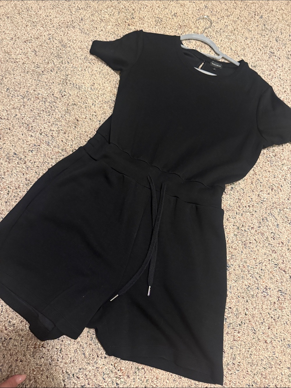 Black Short Sleeve Drawstring Waist Romper- Buckle Black MEDIUM